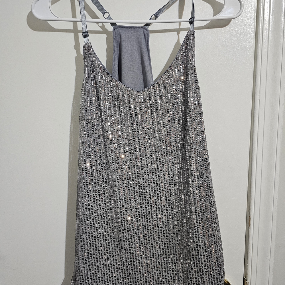 Gray Sequin Spaghetti Strap Racerback Top